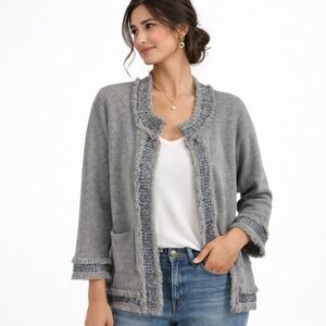 Sofia Cashmere 100% Cashmere Cardigan L Gray Fringe Trim Luxe Boho Chic